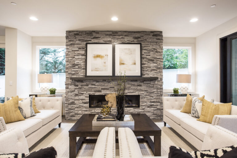 Eldorado Stone - Stacked Stone Sliver Lining - Home - Interior - Living Room - Fireplace
